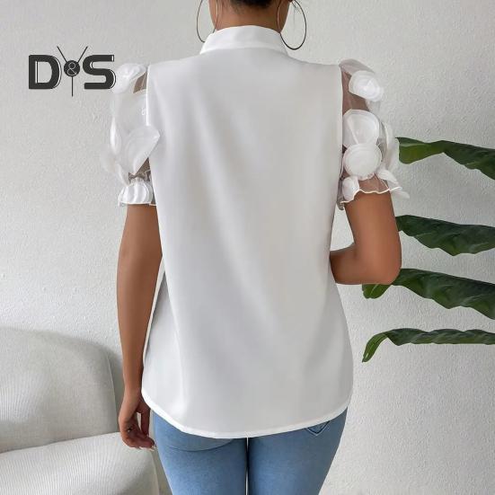 Damen-Shirt mit Schleifenausschnitt, Mesh-Jacquard, kurze Ärmel, Freizeithemd, einfarbige Bluse für den Alltag