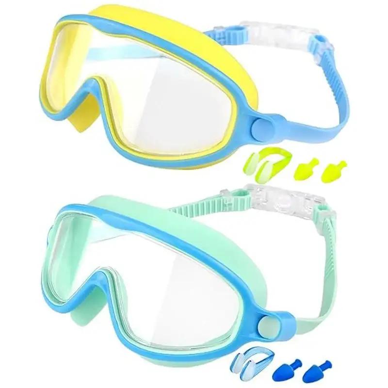 2 Pack Anti-Fog Anti-UV Swimming Goggles HD Diving Goggles with Earplugs Anti Choking Women Men Large Frame Silicone Swim Ggles