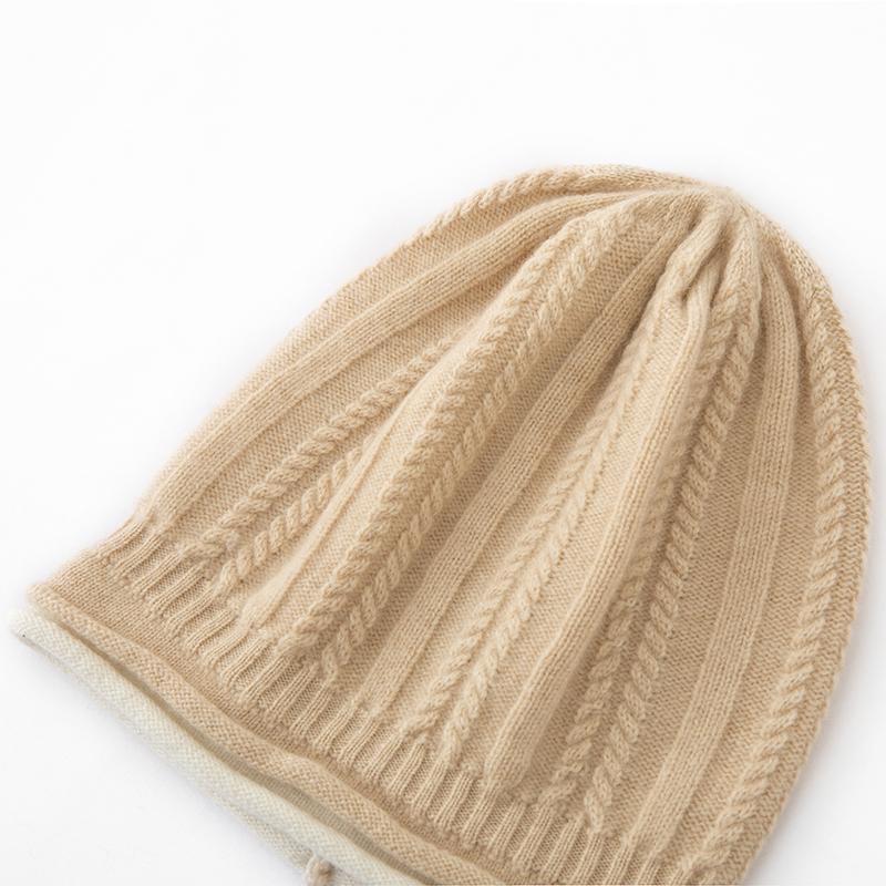 Women 100% Pure Cashmere Beanie Hat Double Layer Cable Knit Winter Warm Soft Slouchy Skullies Cap Cold Weather Accessory