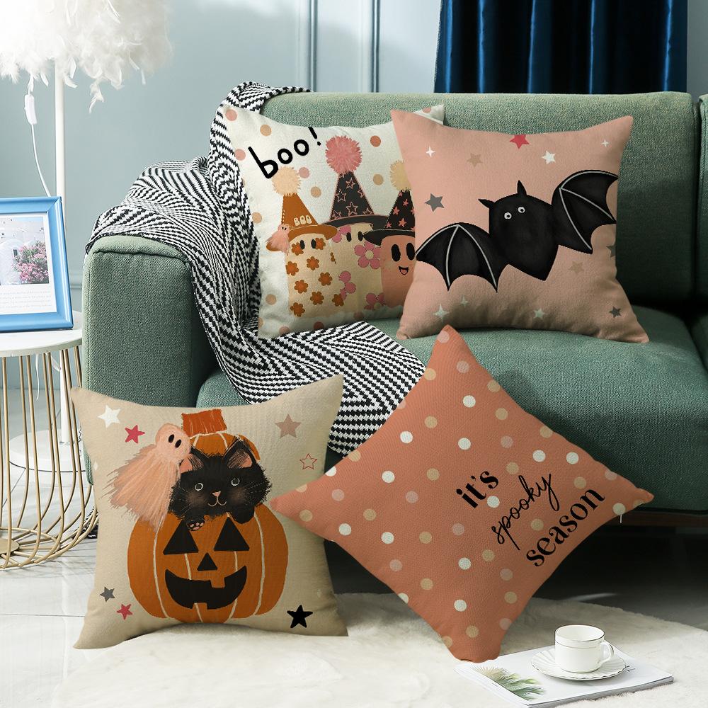 New Halloween Pillow for Living Room Sofa Bedroom Pumpkin Bat Linen Print Pillow