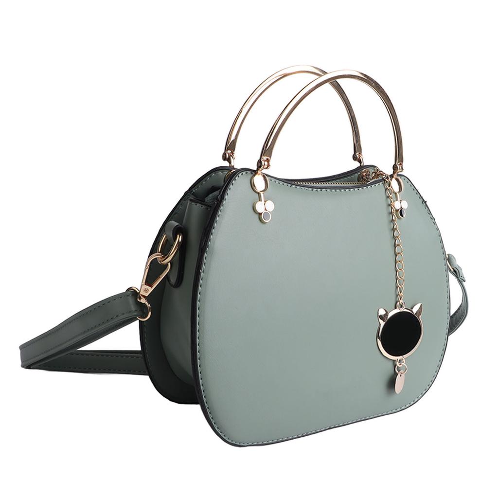 Woman Fashion Shell Handle Bag with Adjustable Straps PU Leather Shoulder Bag Adorable Cat Pendant Decorations Green PU