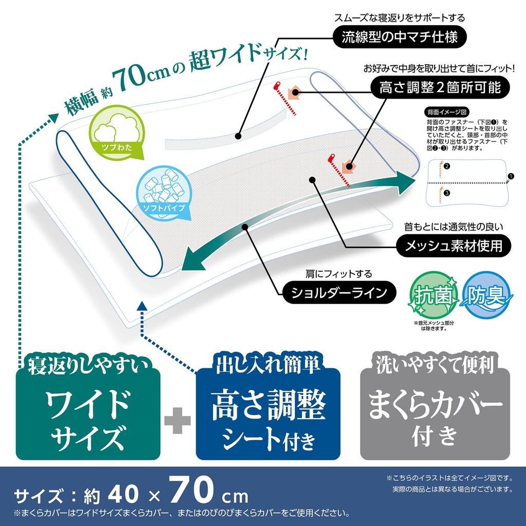 MORIPiLO (Morishita) Neck Support Pillow, Wide, for Side Sleeping, Pipe Type, White, Approx. 43x70x10cm, Product Number: 365447