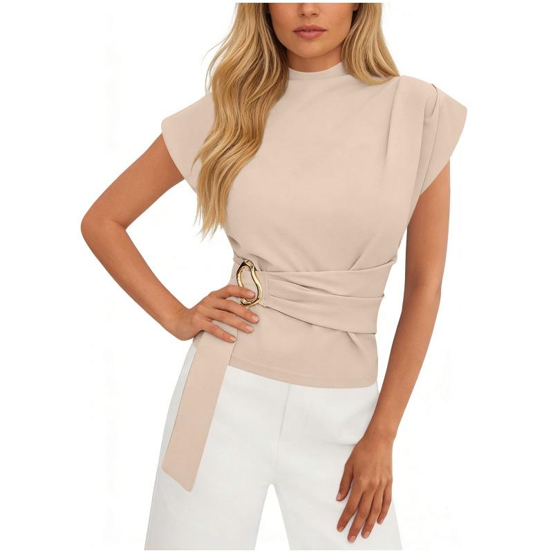 Summer New Style Fashionable Simple Half Turtleneck Short-sleeved T-shirt with Waist Design for Women's Tops
