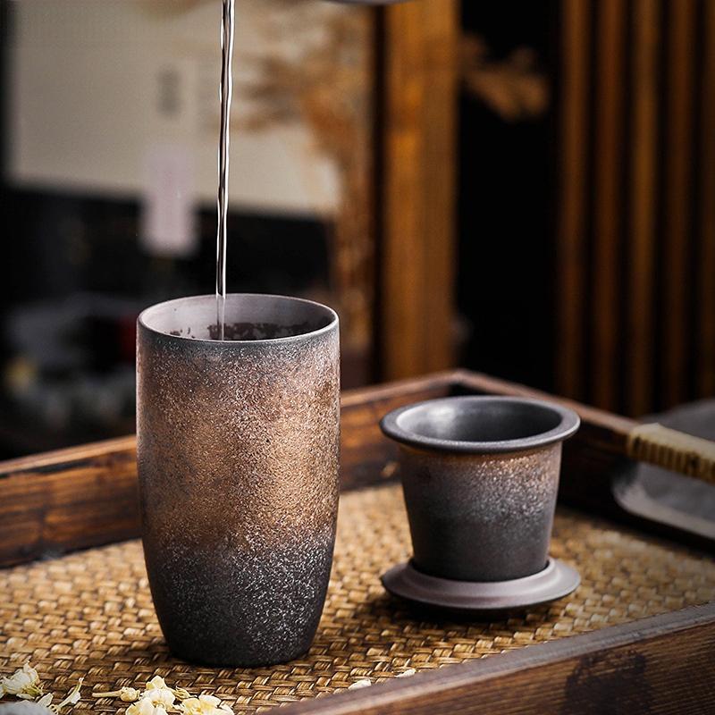 Large Retro Ceramic Tea Cup with Lid and Infuser Kung Fu Tea Set Coarse Pottery Office Coffee Cup Gift Saudi Arabia Dedicated