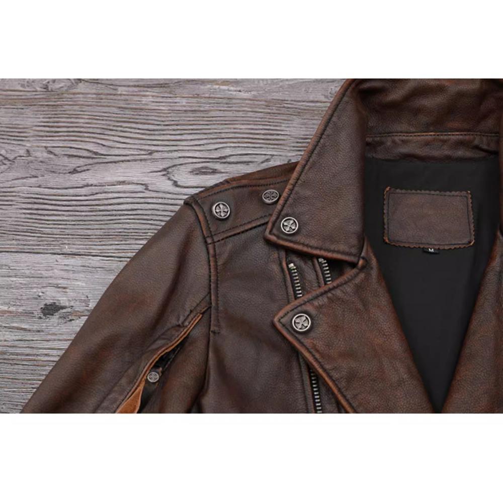Chinese Size Heavy Motorcycle Jacket Natural Cowhide Leather Top Layer Brown Causal Vintage Retro Moto Suit Leather Coat Winter