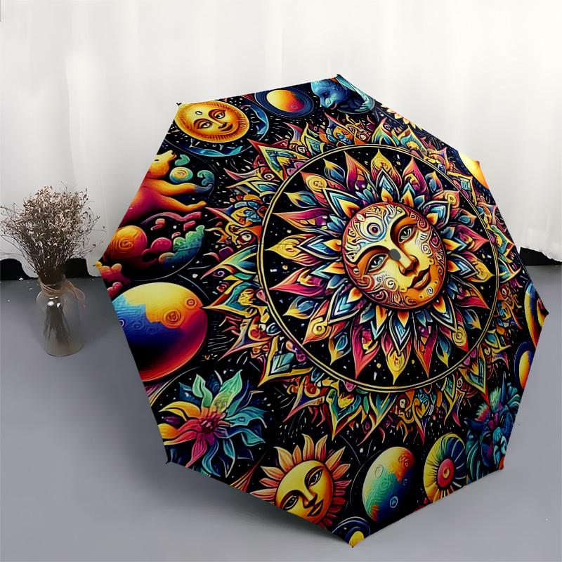 1pc Automatic Folding Umbrella with Mandala Design - Portable Tri-Fold Design, 8-Bone Iron Frame Outdoor Umbrella, Perfect Festival Gift for Fans, Tra