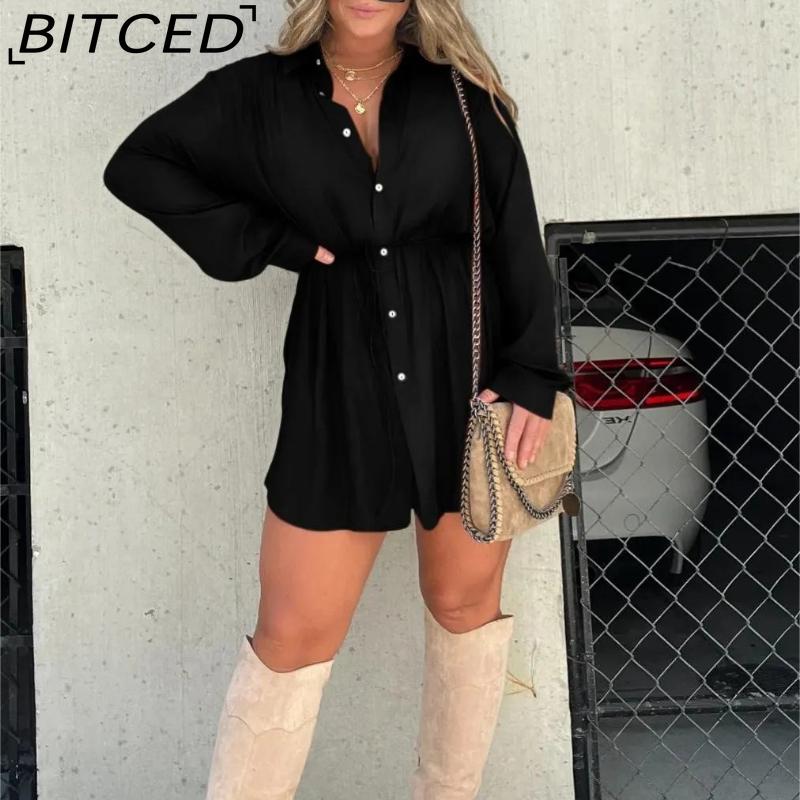 BITCED Осенний женский модный однотонный комплект: рубашка с длинным рукавом и шорты, повседневный S
