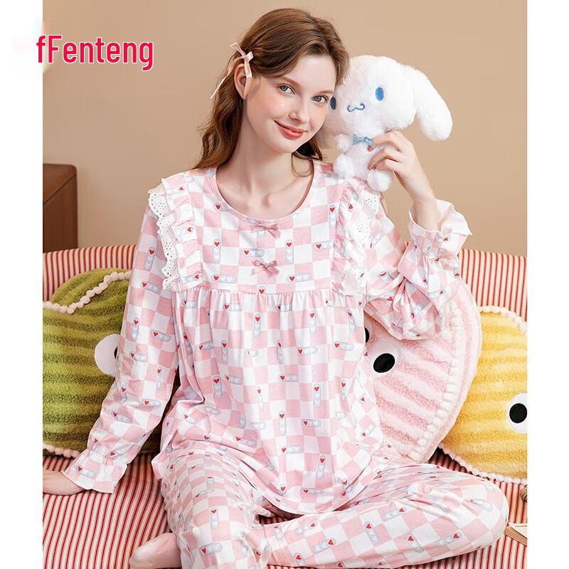 Fanteng Women s Pure Cotton Heart Plaid Loungewear Set S