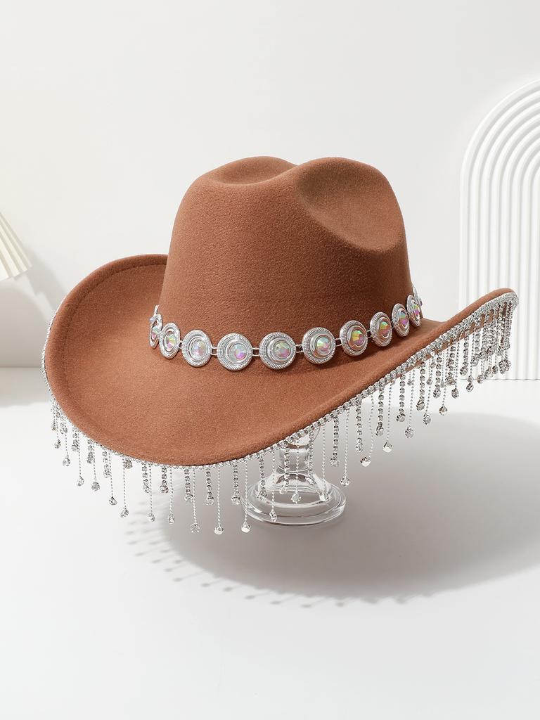 European and American crystal fringed western cowboy top hat festival party jazz hat felt hat