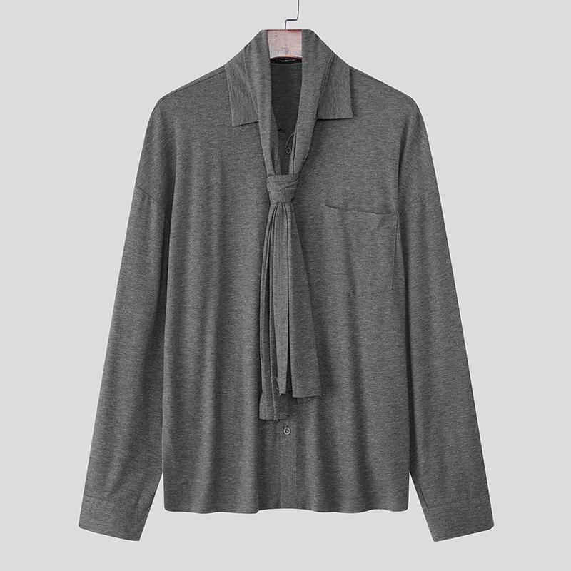 

INCERUN Spring Men Tie-up Long Sleeve Casual Loose Oversized Pullover T-shirts Tops 3XL серый