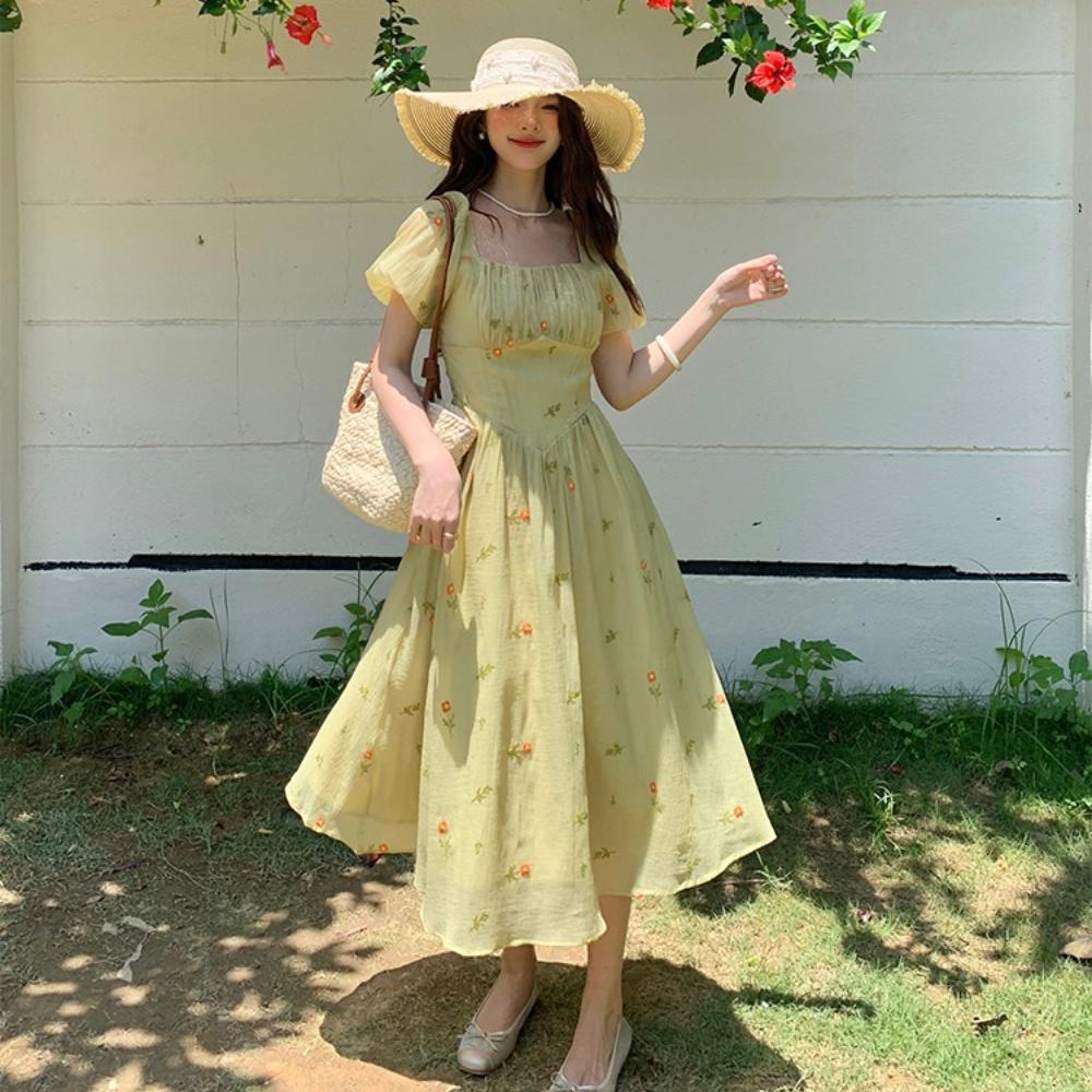 Летнее Новое Квадратный Вырез Рукава-Пузыри Приталенное Летнее Платье Женское Элегантное Винтажное С Цветочной Вышивкой Милое Длинное Платье S зелёный