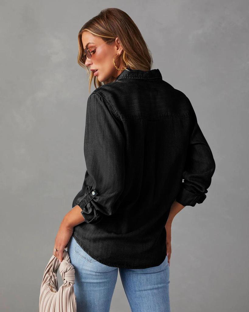 Women's Long-Sleeve Denim Shirt - Casual European & American Style, Autumn, Lapel, Single-Breasted