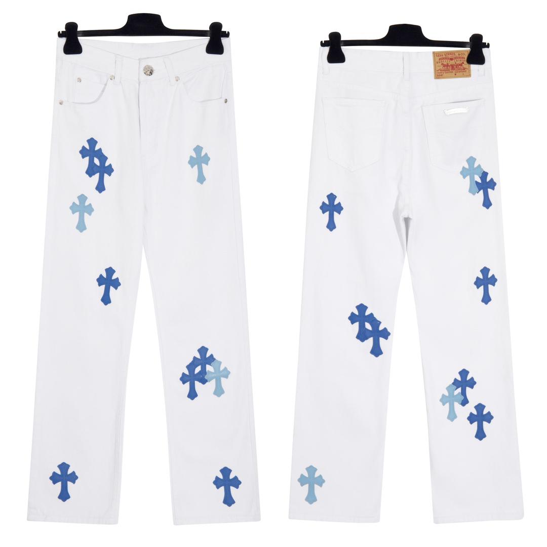 

7705 CHROME HEARTS Чоловічі та жіночі джинси в американському стилі, трендові, з тканинними латками, повсякденні та модні штани в стилі хай-стріт 36
