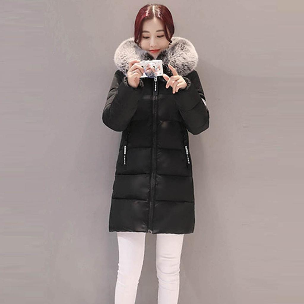 Women's Fashion Big Hair Collar Slim Waist Long Down Cotton Jacket Cotton Coat