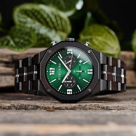 BOBO BIRD Mens Wooden Watch Sports Fashion Casual Chronograph Quartz Stainless Steel Strap Date Display Green Medium Luxury Elegance
