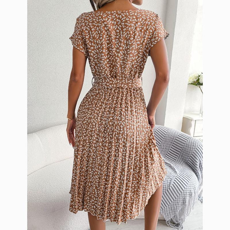 New Summer Short Sleeve Casual Dress Women Sexy Floral Print Pleated Dress for Women Summer High Waist A Line Loose Dresses 24116