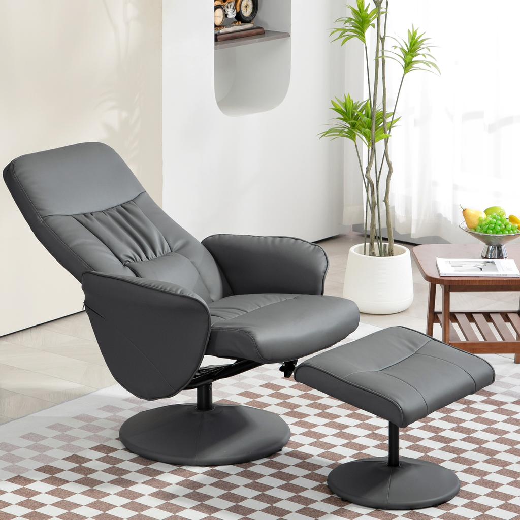 Swivel Recliner Chair with Footstool, PU Leather Armchair and Ottoman with High Back and Round Base for Living Room, Grey