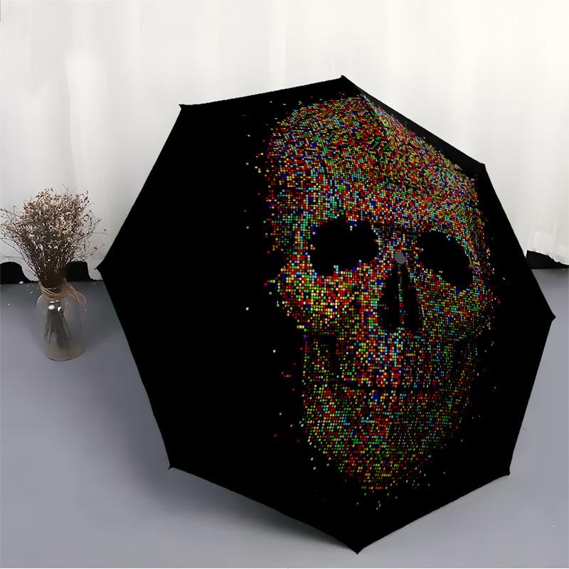 1pc Pixel Skull Automatic Folding Umbrella, 8-Rib Sturdy Canopy, Portable Travel Umbrella for Outdoor Use