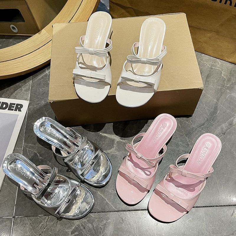 Bow one-word slippers female summer wear new French fairy wind cool slippers thick heel sandals female