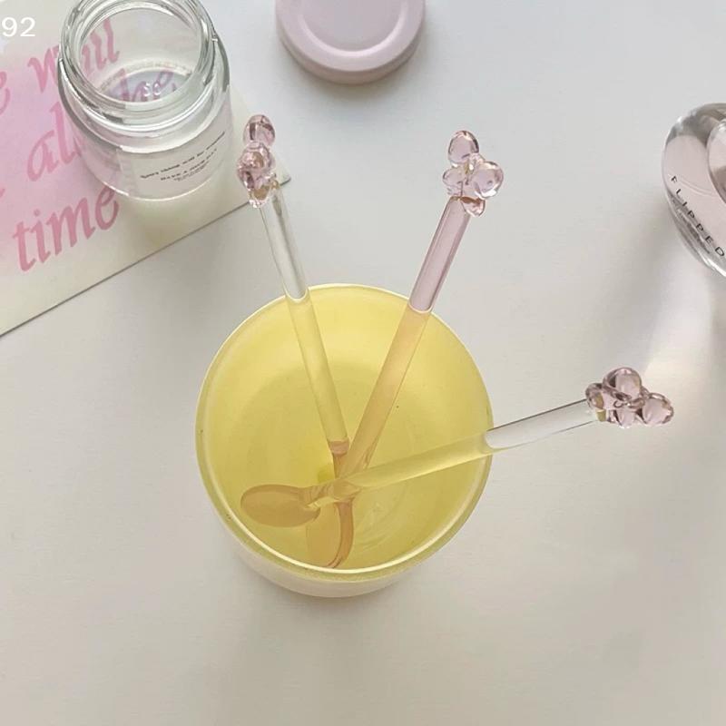 Pink Bow Glass Coffee Spoon, Long-handled Dessert/milk Tea Stirring Spoon, Heat-resistant Teaspoon, Household Kitchen Tool.