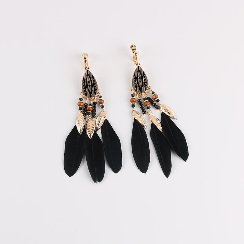 Fashion Bohemian Long Tassel Enamel Feather Clip on Earrings for Women Without Piercing Hanging Ear Clips Female Bijoux