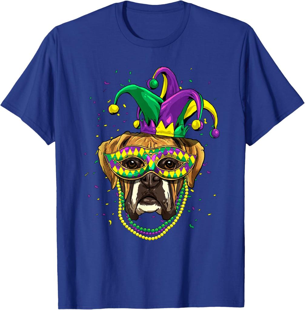 Boxer Dog Mardi Gras  Mask Beads Graphic Print Men Casual Cotton T-Shirt