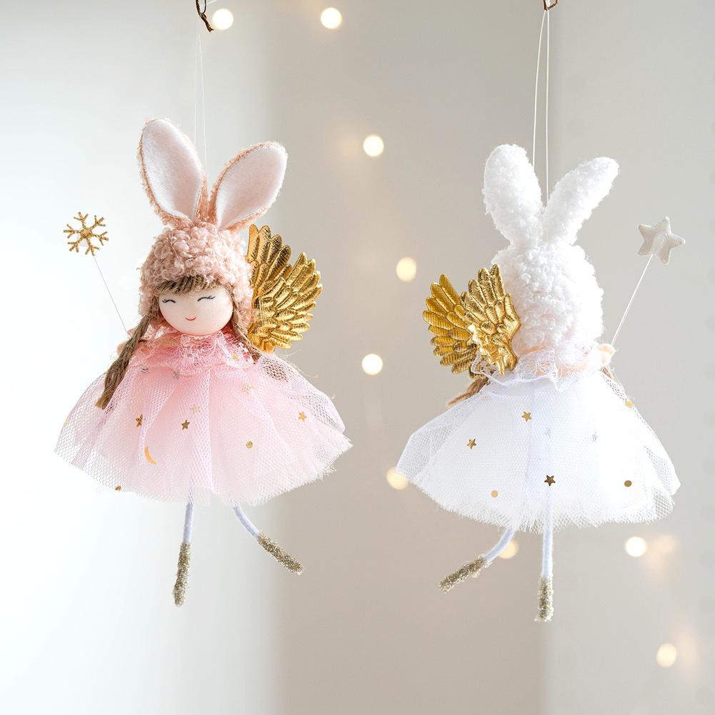 Adorable Bunny Ears Girl Christmas Ornament with Angel Wings Mystical Wand Lightweight Fabric Hanging Decoration