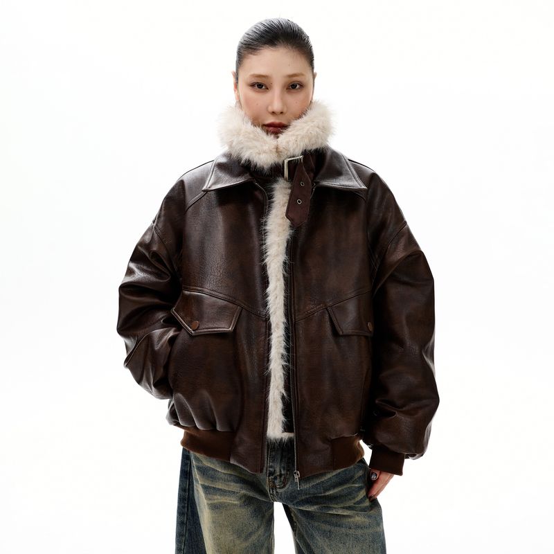 Kisko Winter American-Style Thickened Stand-Collar Leather Jacket Cotton Coat for Men and Women, High-End, Warm, Loose-Fitting Trendy Outerwear