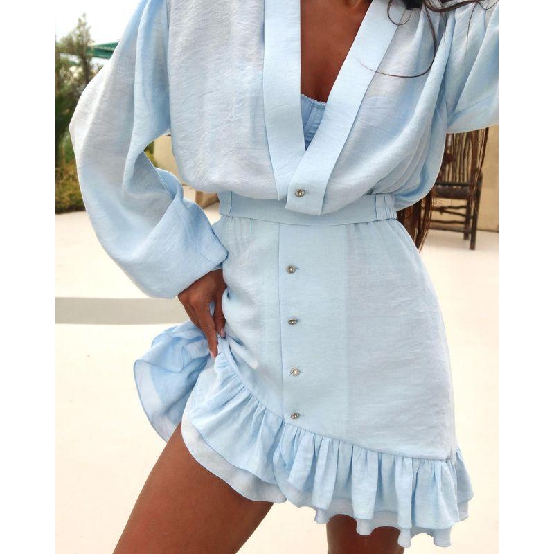 

Irregular Dress Women Summer Waist Hugging 2025 Temperament Lapel Button Long sleeve Frill Short dress Lasel Button Long sleeves Dress-Blue L