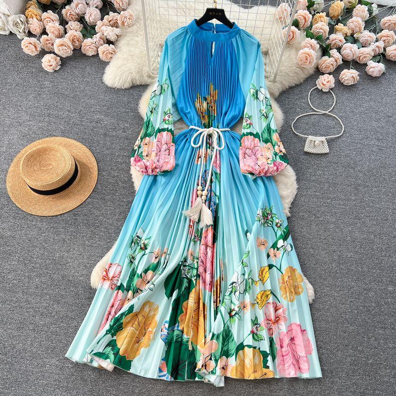 Palace Style Round Neck Print Lantern Sleeve Loose Dress