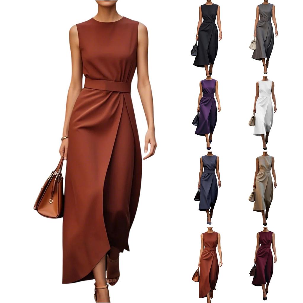 Women's Fashion Casual Solid Color Zipper Sleeveless Round Neck Dress With Belt