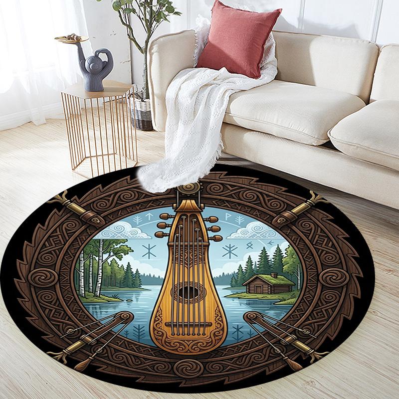 Wooden Lyre Forest Scene Round Area Rug Under Office Chairs Bedroom Living Room Home Decor