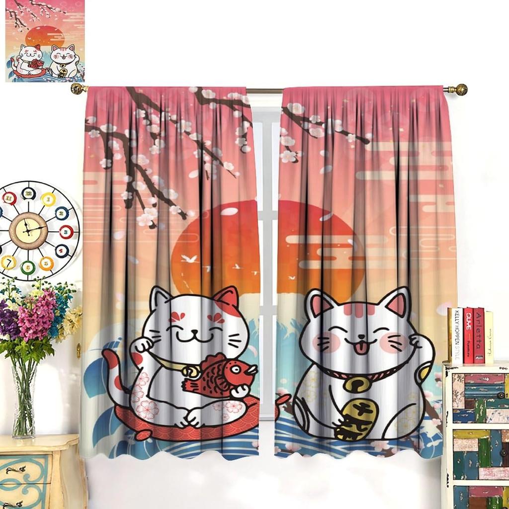 Moderne Japanische Vorhänge Glückskatze Berg Fuji Kirschblüten Traditionelles Muster Dekor Vorhänge für Schlafzimmer Wohnzimmer