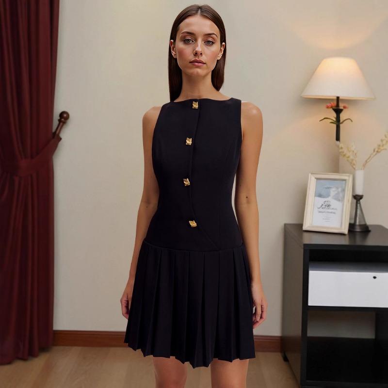

Women s Wide-hem Pleated Cinched Waist Sleeveless Dress S чёрный