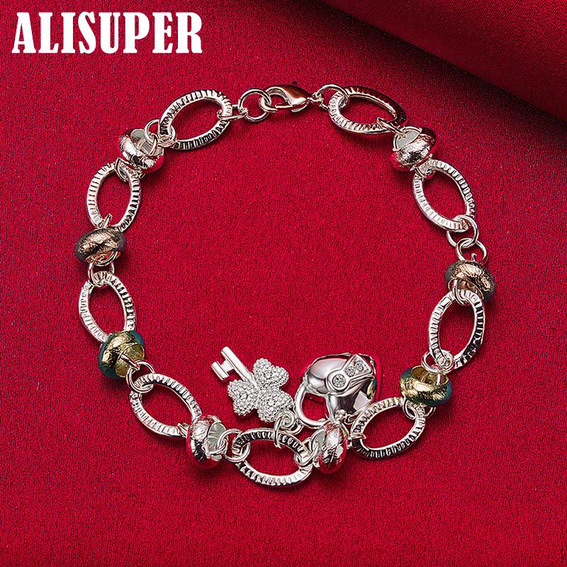 925 Sterling Silver Heart Lock Clover Flower AAA Zircon Bracelet Jewelry