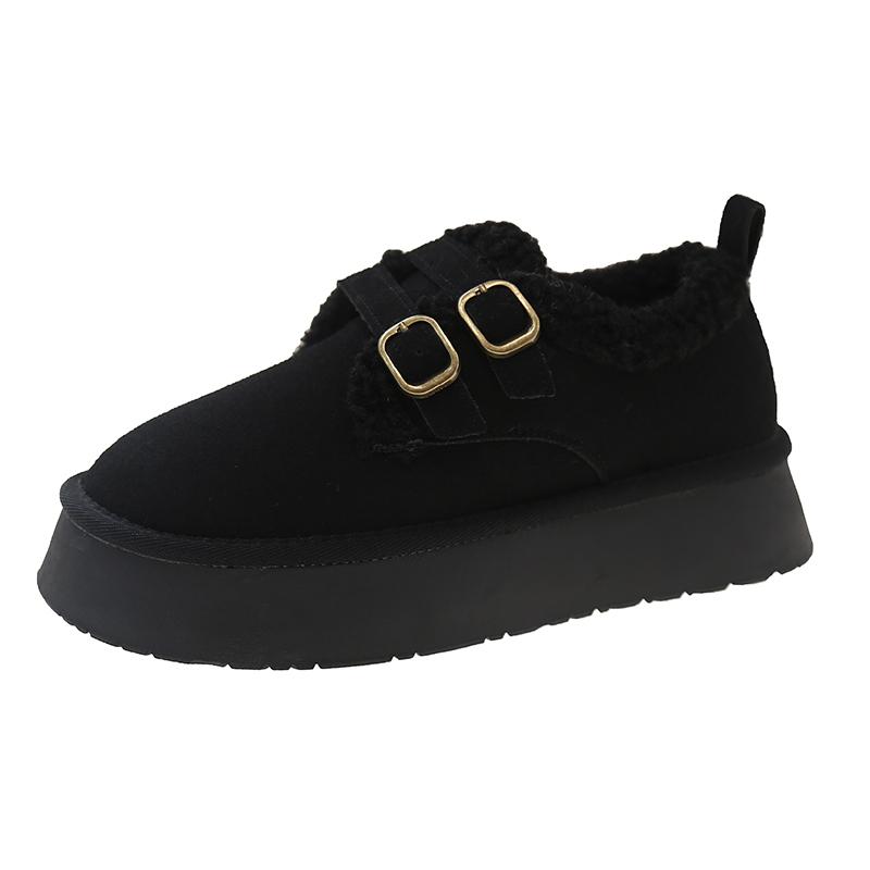 

Модные зимние женские сноубутсы с круглым носком, двойной пряжкой, горячая распродажа 2024, на толстой подошве, теплый плюш, средний каблук, водонепроницаемые, повседневные женские туфли 40 чёрный