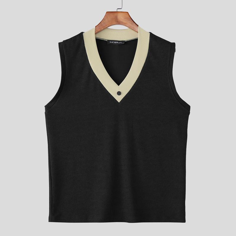 

INCERUN Men V Neck Sleeveless Stitching Patchwork Casual Rib Tank Tops
