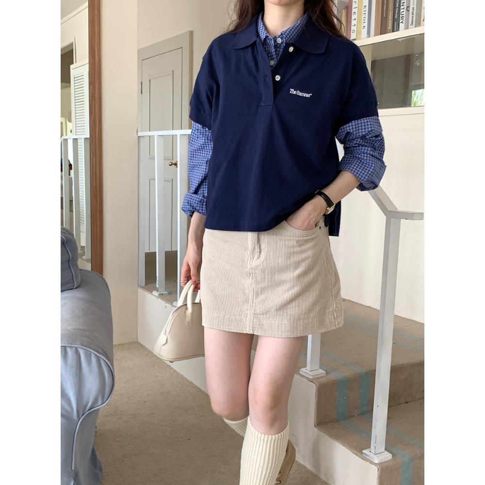 

Рубашка поло с коротким рукавом, женская, весна-лето, новая свободная универсальная футболка с лацканами F темно-синий