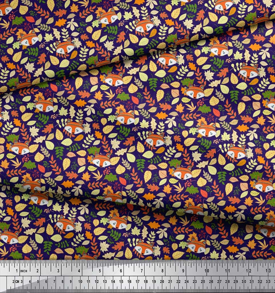 Soimoi Japan Crepe Satin Fabric Leaves & Fox Face Cartoon Printed Craft Fabric by the Metre 42 Inch