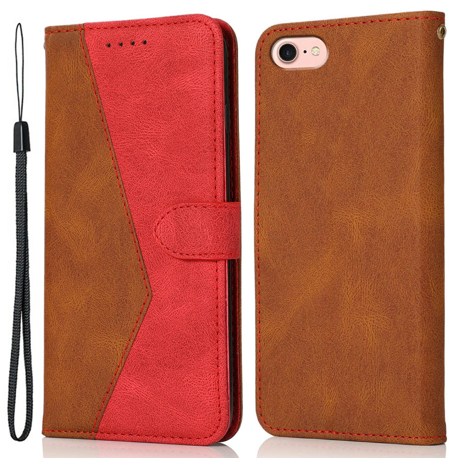 

For iPhone 16e Case Color Splicing Wallet Stand Leather Phone Cover with Wrist Strap Brown/Red
