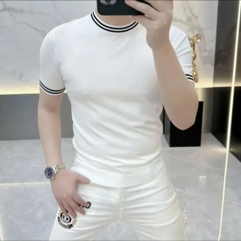 Летняя новая высококачественная вязаная футболка с круглым вырезом и короткими рукавами для мужчин повседневный и модный персонализированный полосатый топ L белый 1990₽