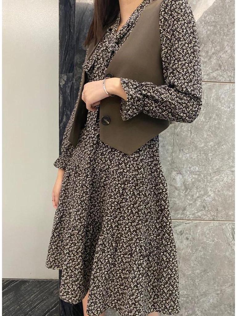 Two-Piece Floral Dress & Vest Set - Spring 2026 Elegant Slim Fit, Long Sleeve, Elastic Waist