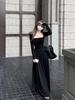 Elegant Square Neck A-Line Dress - Women's Early Spring 2026 Arrival, Long Sleeve, Waist-Cinched Fake Two-Piece Design.