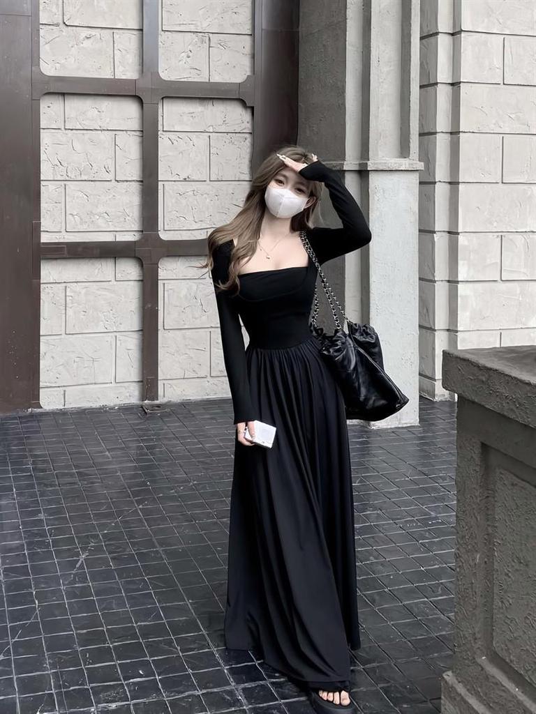 Elegant Square Neck A-Line Dress - Women's Early Spring 2026 Arrival, Long Sleeve, Waist-Cinched Fake Two-Piece Design.