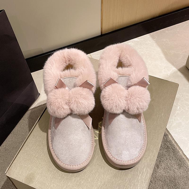 Women's Cute Fur Ball Fashion Lightweight Heightening Thick Sole Winter Warm Fur One Snow Boots Plush Lining Non-slip Casual Sports Cotton Boots