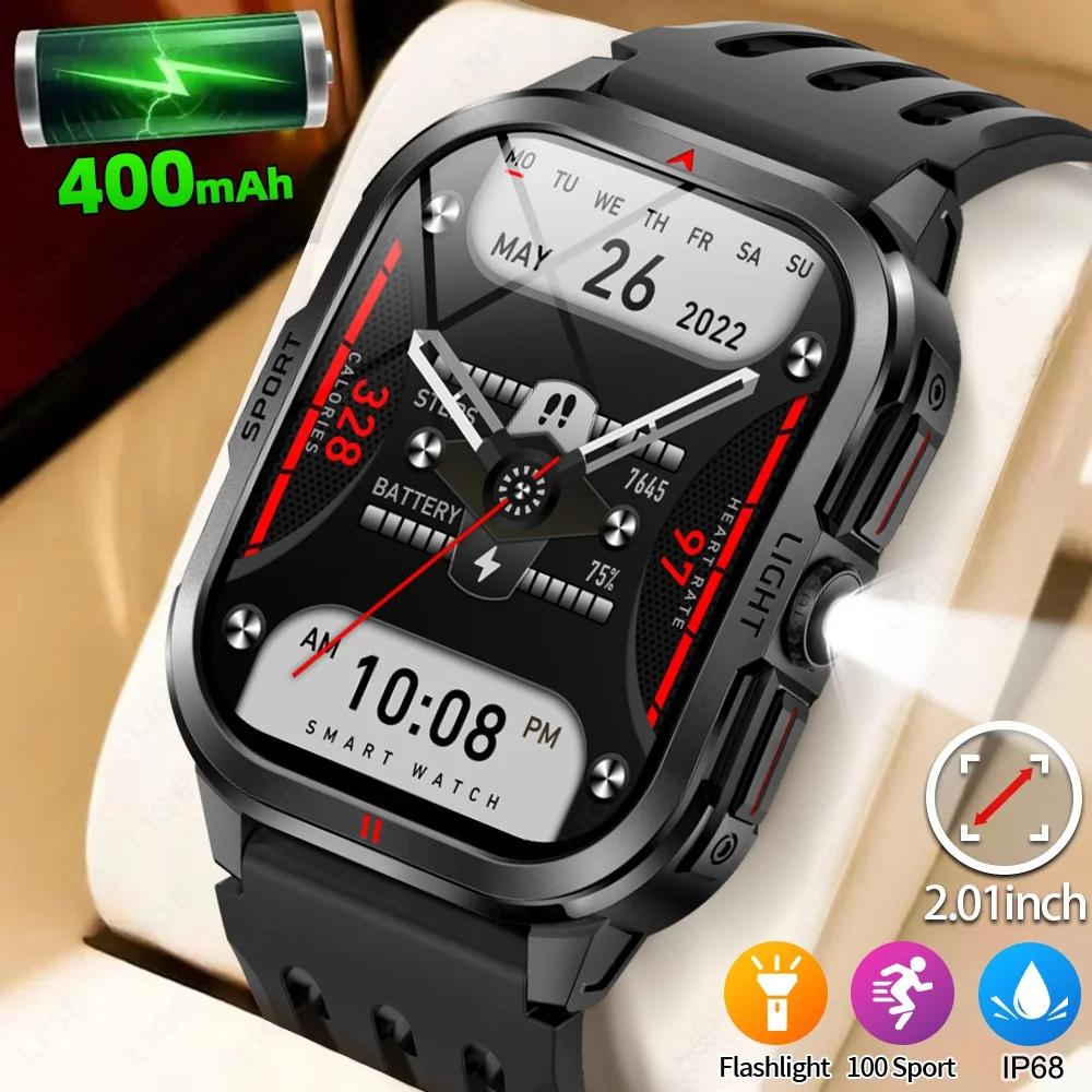 SACOSDING 2.01-inch Curved Screen Outdoor Military LED Lighting Men's Smartwatch Bluetooth Call IP68 Waterproof Sports Men's Smartwatch