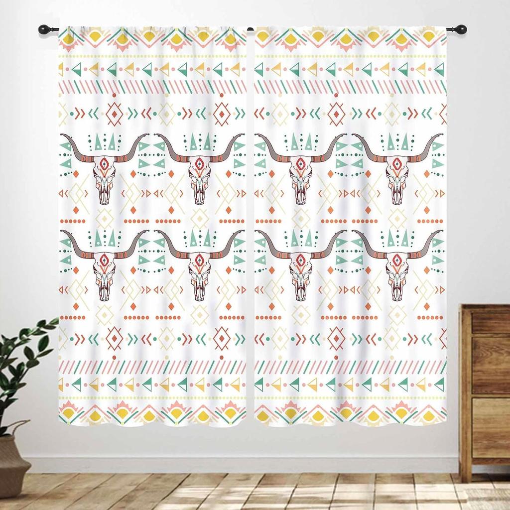 Western Cow Skull Curta,Beige Southwestern Bohemian Geometric Pattern Native Aztec Longhorn Head Cowboy Farmhouse Country