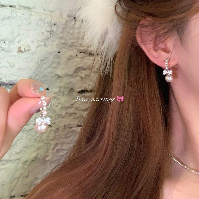 

Korean Style Sparking Zirconium Bows Manta Rose Pearl Earrings for Women Accessible Luxury Fancy Elegant Earrings Beautiful Earrings S925 silver needle-Bows Pearl pair
