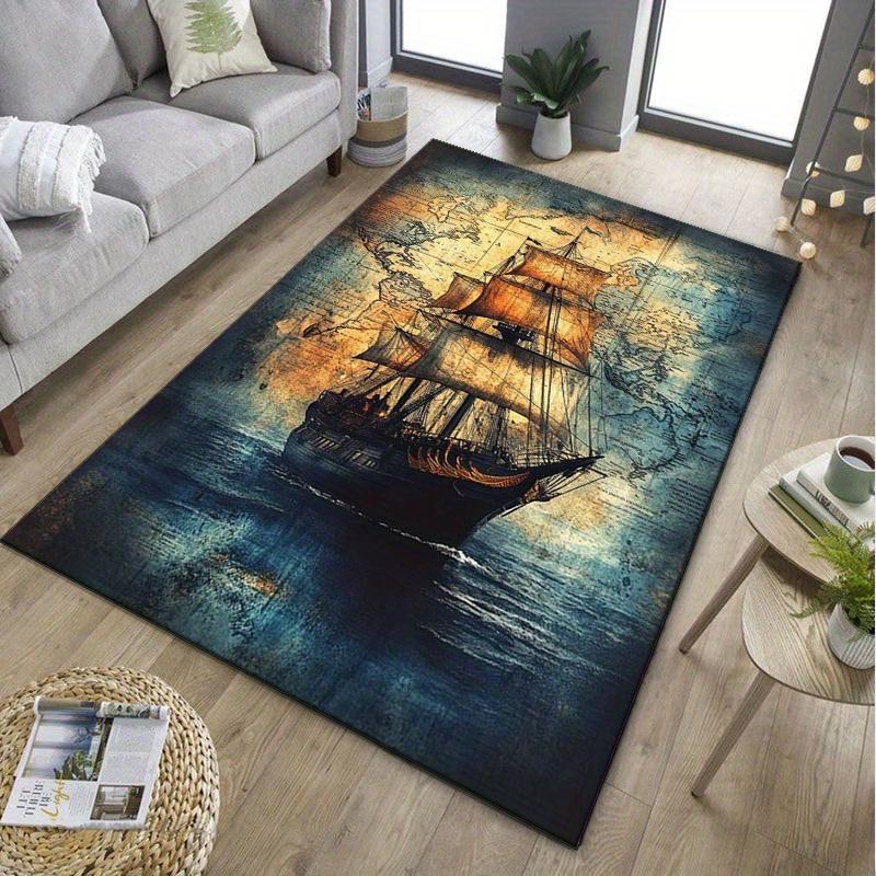 Sailing Ship Map Rug for Adventure Lovers -Vintage Maritime Design, Unique Floor Coverings for Study Rooms Skid resistant carpet