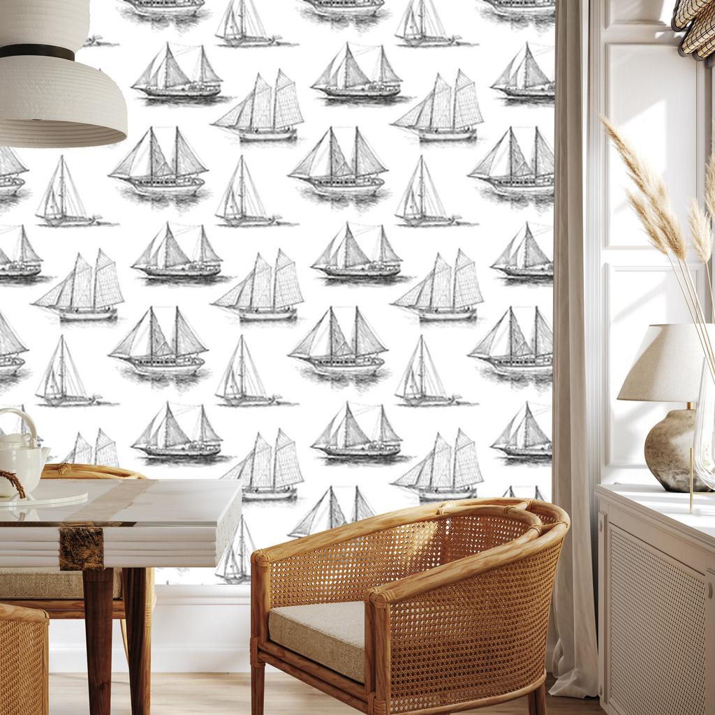 Black and white sailboat wallpaper for living room and bedroom 50x1000